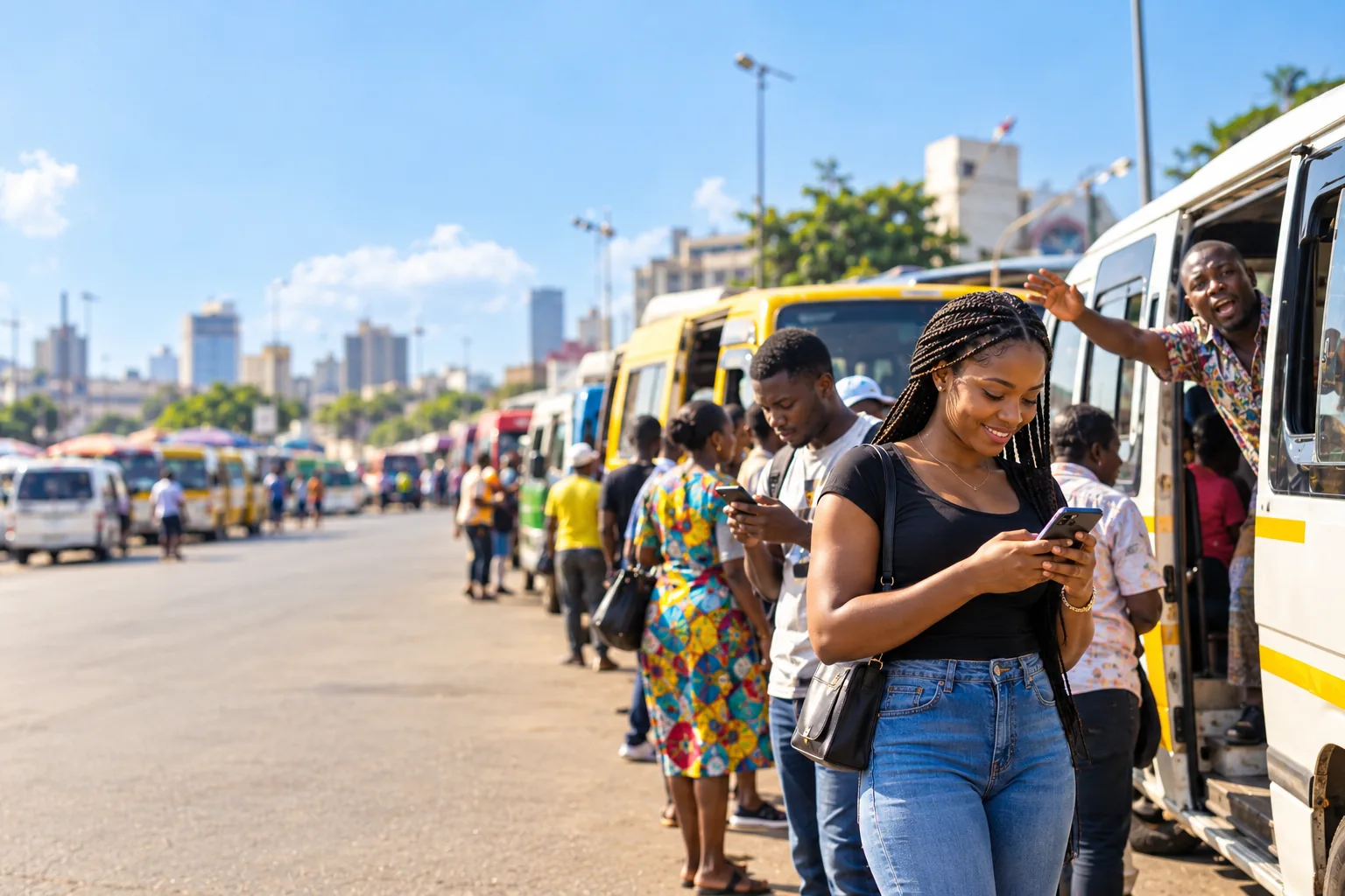 A smiling commuter checks her phone at a sunny Accra trotro station while a mate calls passengers from a minibus