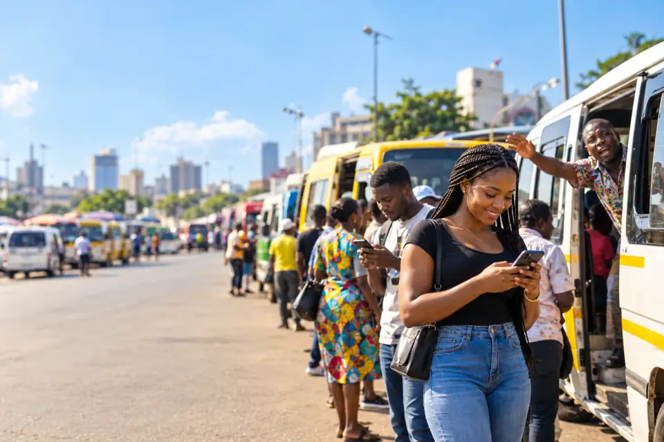 A smiling commuter checks her phone at a sunny Accra trotro station while a mate calls passengers from a minibus